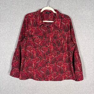 Notations Paisley Blouse Shirt‎ PXL Red Button Up Pockets Puff Roll Tab Sleeve